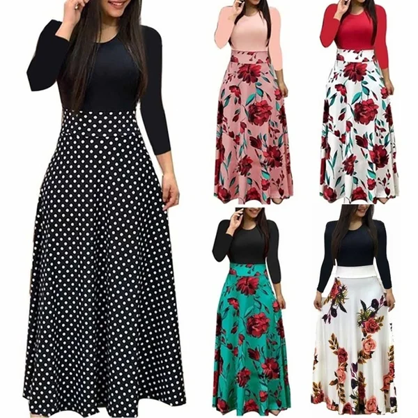 

Women Sexy Bohemia Strips Floral Printed Long Sleeve Maxi Dresses Lady Casual Wear Dress