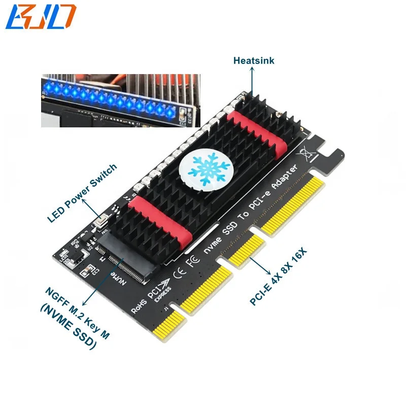 

M.2 NGFF Key-M Nvme SSD Adapter to PCI-E PCIe 4X 8X 16X Converter Riser Card With 3528 Colorful LED and Heatsink in stock