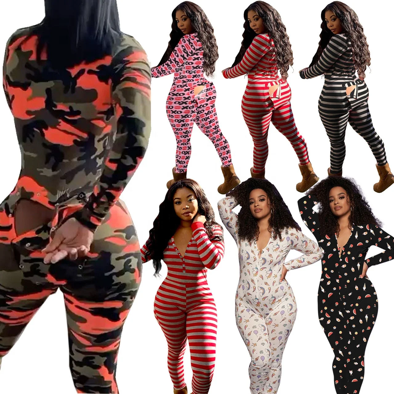 

2021 New Fashion Adult Sexy Long Sleeve Sleepwear V Neck Pajamas Night Onesies with Butt Flap for Women