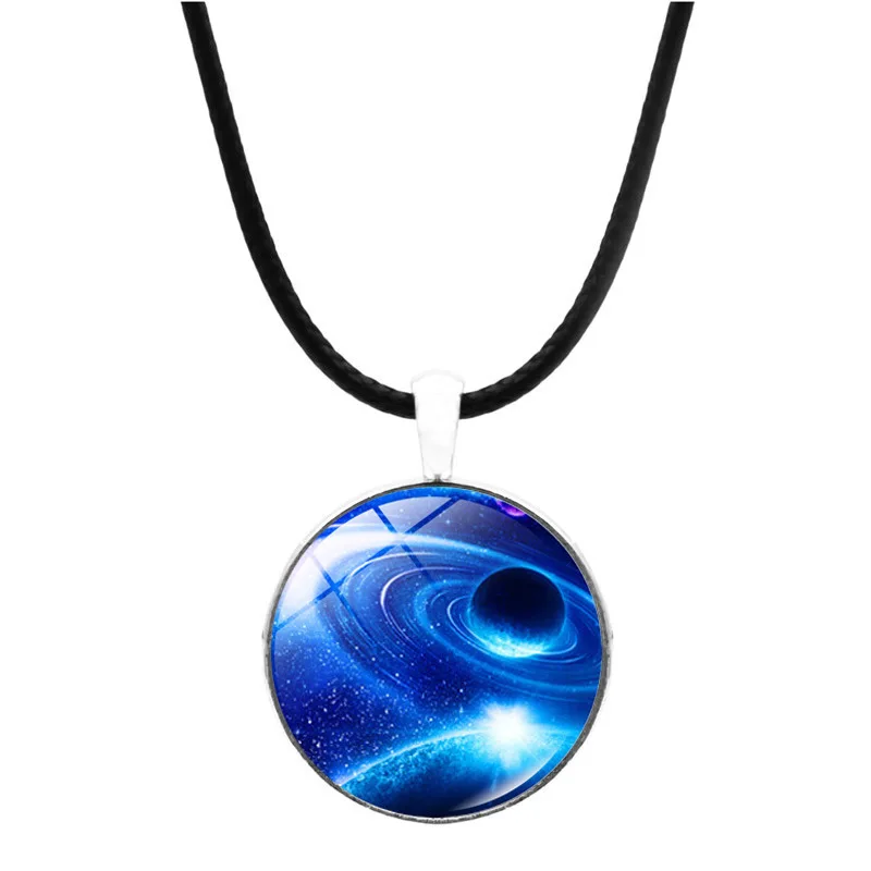 

New Accessories Universe Planet Colorful Glass Time Gem Leather Rope Necklace Pendant Jewelry Wholesale, As picture