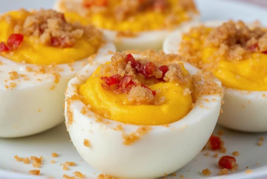 Perfect soft-boiled eggs in egg cups topped with vibrant red chili crisp