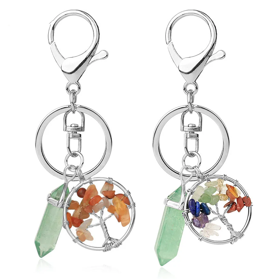 

Wholesale crystal natural stone creativity tree of life fluorite hexagon prism Pendants Key Chain gemstone keyring