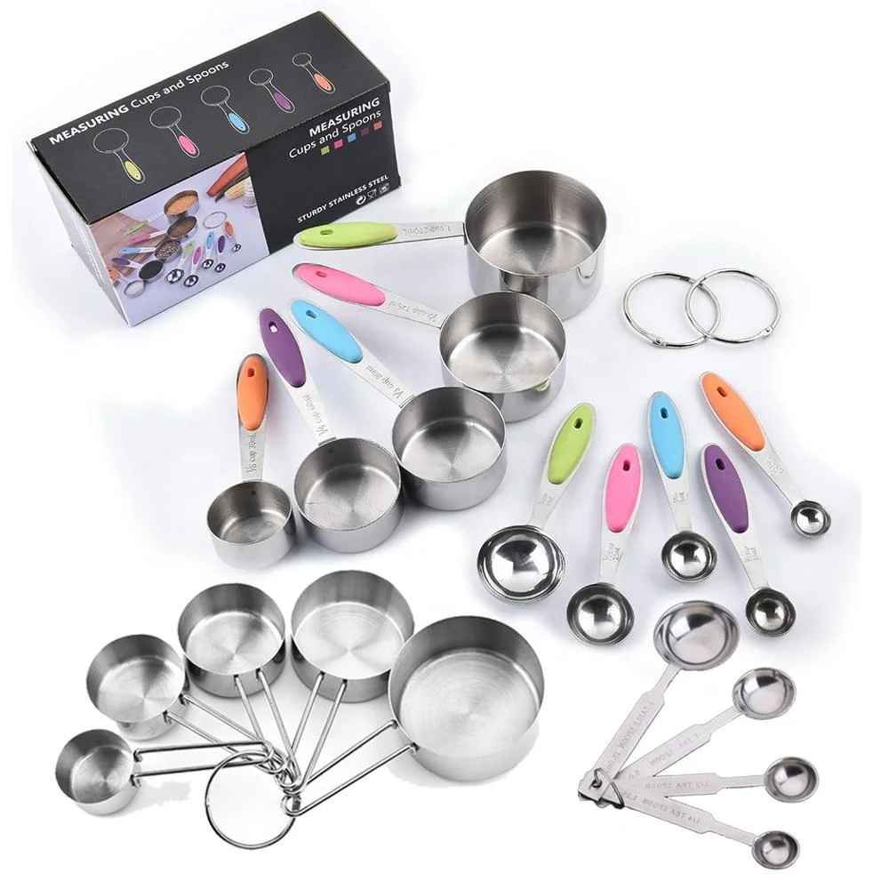 

Kitchen Accessories silicone handle stainless steel measuring cups and spoons set, Silver