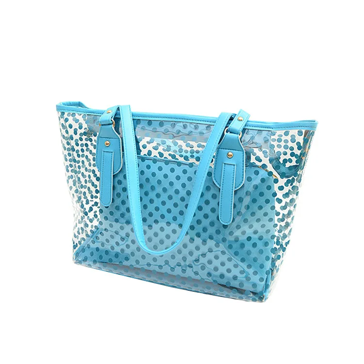 

Wholesale fashion candy color PVC jelly bag dot pattern waterproof beach bag large transparent cheap shoulder handbag, Customizable