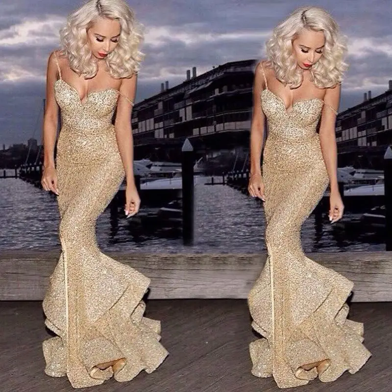 

New Fashion Women Sexy Sequin Spaghetti Strap V-neck Backless Off Shoulder Girls Mermaid Long Dress Cocktail Evening Party Dress