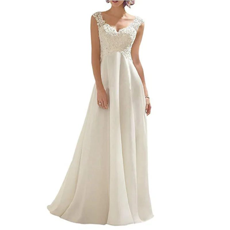 

Maidihui Women's Wedding Dress Lace Double V-Neck Sleeveless Evening Dress