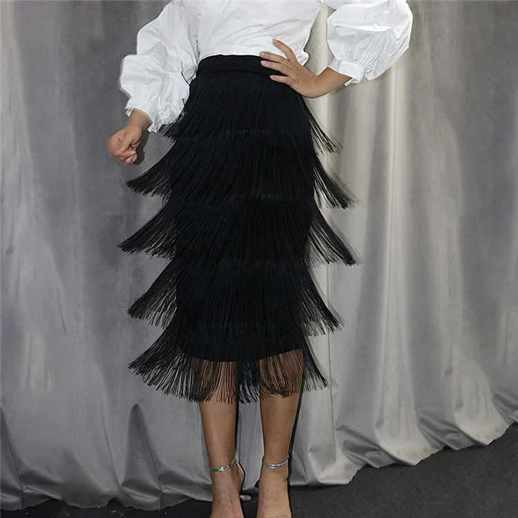 

Solid Offic Lady Bodycon High Waist Stretch Sheath Tassel Skirt Women Sexy Fringe Skirts, Customized color