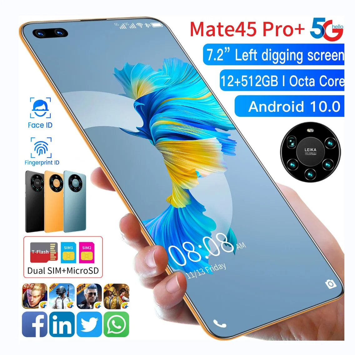 

Hot Selling MATE 45 PRO+ original 12gb+512gb 24MP+48MP face unlock full Display Android 10.0 Cell Phone Smart Mobile Phone, Black white yellow