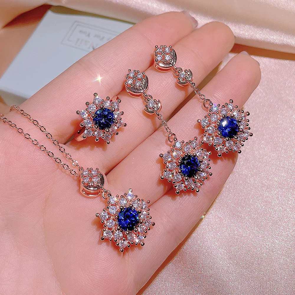 

Wholesale 2022 Fashion Snowflake Zircon Blue Jewelry Set silver plated women jewelry