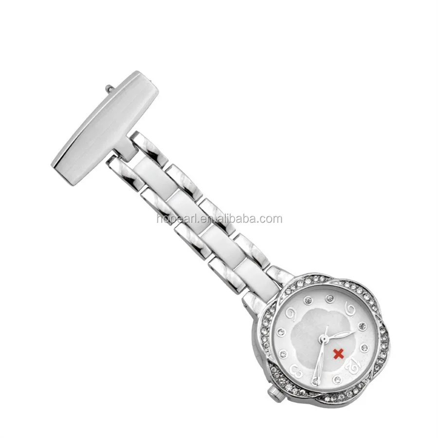 

WAH634 Womens Crystal Nurse Watch Hanging Brooch Doctor Pocket Watches Silvery White