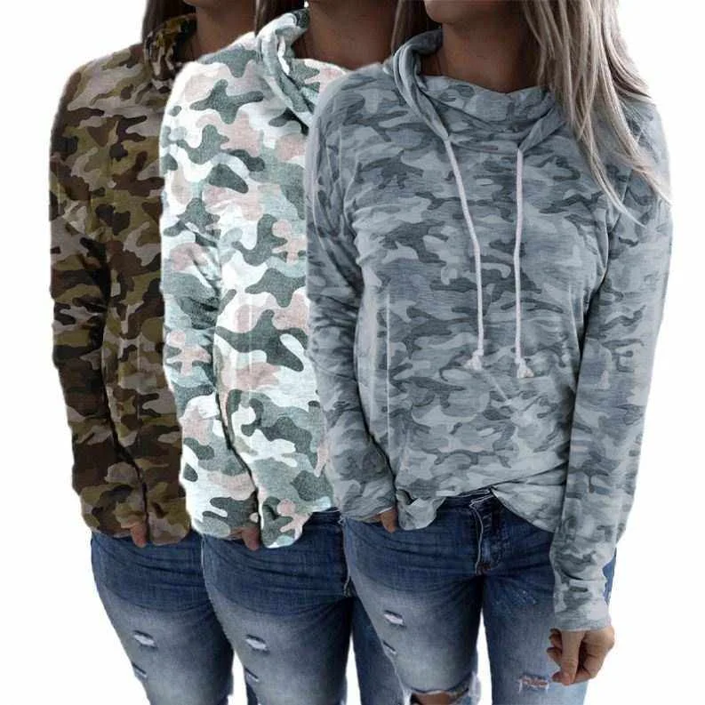 

Female Long Sleeve Color Block Camo Drawstring Turtleneck Sweatshirt Women