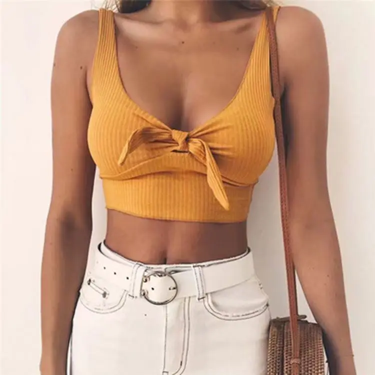 

Factory sale new Women sexy Ribbed Bow Tie Camisole Tank Top Summer Basic Crop Top Fashion Girls Cropped Tees Camisole