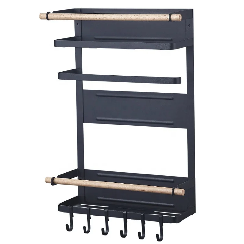 

2021 Kitchen multifunctional magnetic refrigerator storage spice side rack folding magnet organizer, Black, white