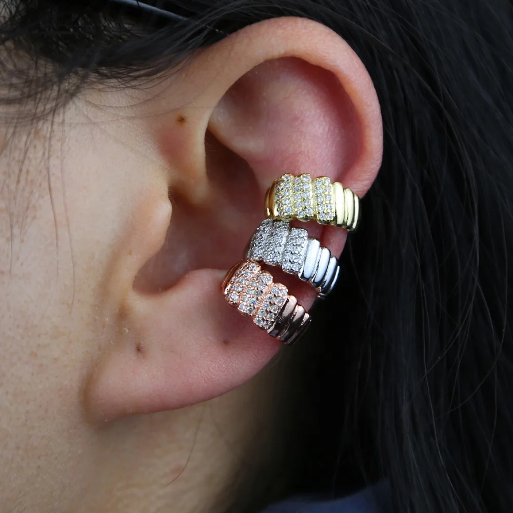 

New Fashion 5A Cz Ear Cuff Bohemia Wide Band C Shaped Zircon Rhinestone Small Earcuffs Clip Earrings for Women Wedding Jewelry