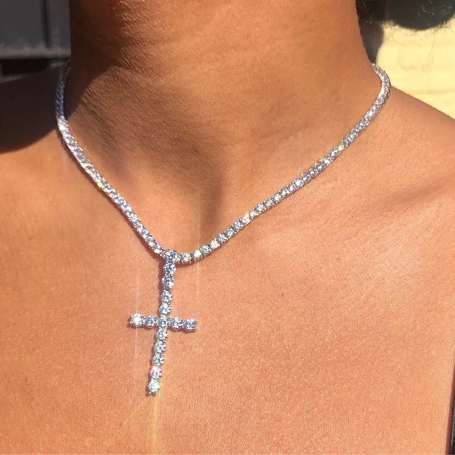 

Bling Punk Crystal Necklace Women Hip Hop Jewelry Diamond Tennis Cross Necklaces