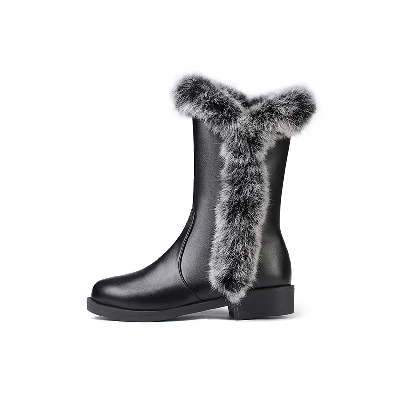 

Winter Round Head Rabbit Hair Side Zipper Low Heel Ladies Mid-Calf Boots, Black/grey