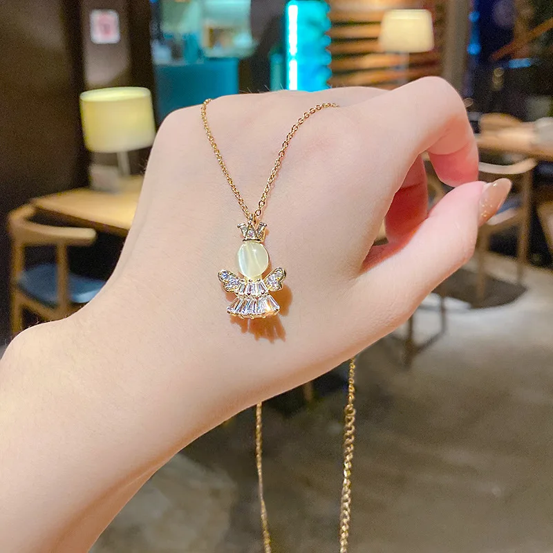

Sweet 18K Real Gold Plating Stainless Steel Opal Diamond Angle Pendant Necklace For Girls
