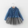 Baby Kids Girls Autumn Solid Flower Button Denim Patchwork Lace Dress Skirt