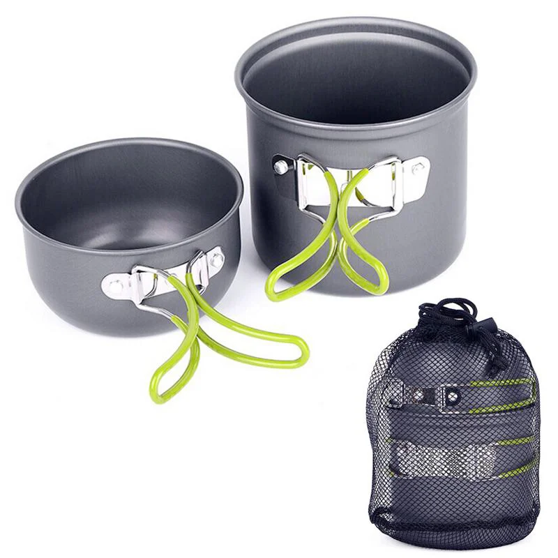 

1~2 Person Outdoor Backpacking Picnic Usage 3pcs Cooking Bowl Non Stick Pot Mess Bag Camping Cookware Kit, Grey+green, grey+oranege