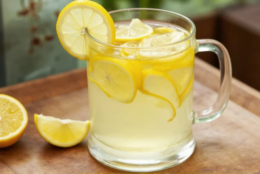 Fresh ginger root slices steeping in clear glass teapot with lemon slices floating on top