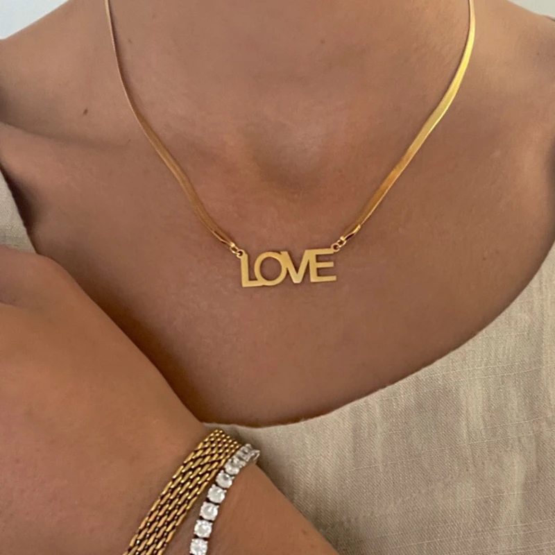 

MICCI Wholesale Custom Stainless Steel 18K Gold Plated Dainty Snake Bone Chain Link LOVE Letter Clavicle Chain Pendant Necklace