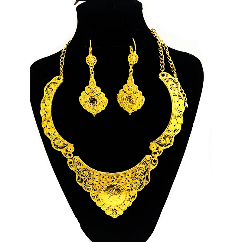 

Arab Algeria Hollow Out Golden Necklace and Earring Set Arabic Bridal Jewelry Set Napoleon Figure Necklace Sets for Women, Gold and silver