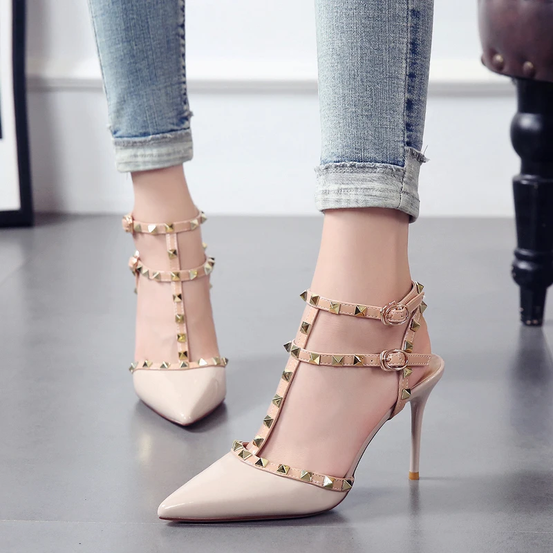 

DEleventh Shoes Woman Rivets Patent Leather Fashion Sandals Pointy Toe Buckle Stiletto High Heels Summer Shoes 2020 Beige Yellow