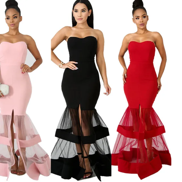 

Strapless Mermaid Wedding Evening Party Dresses Sheer Mesh Patchwork High Slit Bodycon Maxi Formal Tulle Dress Women, As the picture shows.can be customized