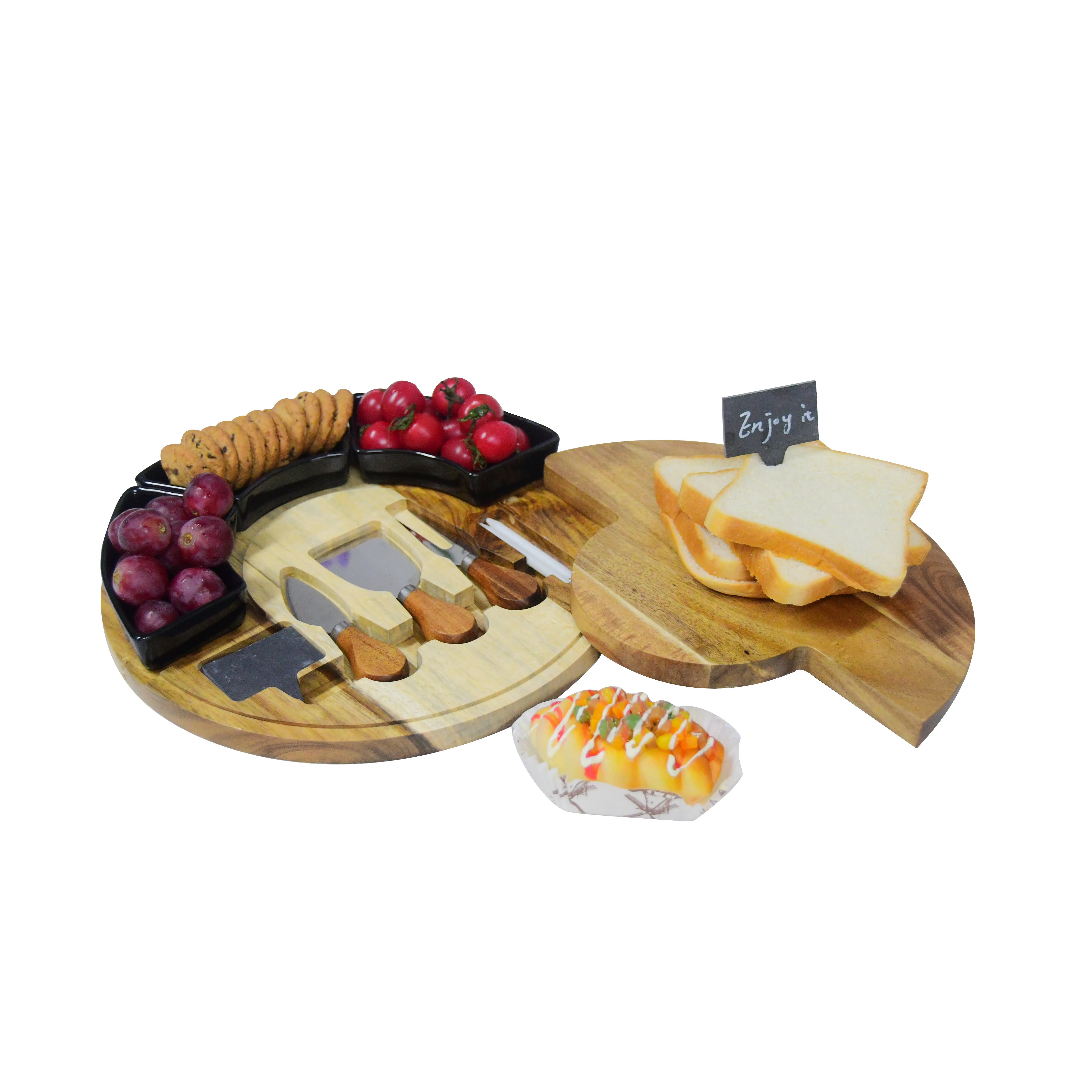 

Round Cheese Board and Knives Set, Acacia Wood & Appetizer Serving Tray with Ceramic Bowls, Natural