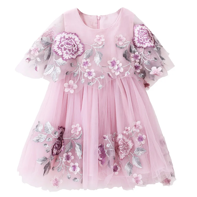

5 Year Old Kids Clothing Big Smoked Party Wear Flower Embroidery Girl Summer Casual Dress, Pink white