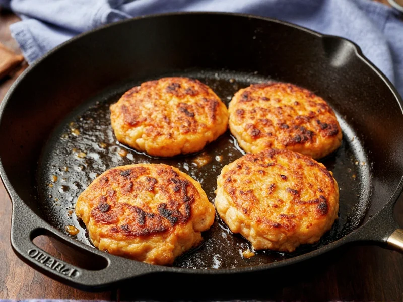 Fresh salmon patties sizzling in cast iron skillet