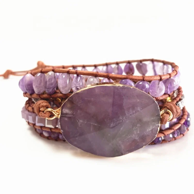 

Amethyst Bracelet Fashion Braided Beaded Bracelet Multi-layer Leather Bracelet, Multi color beaded bracelet