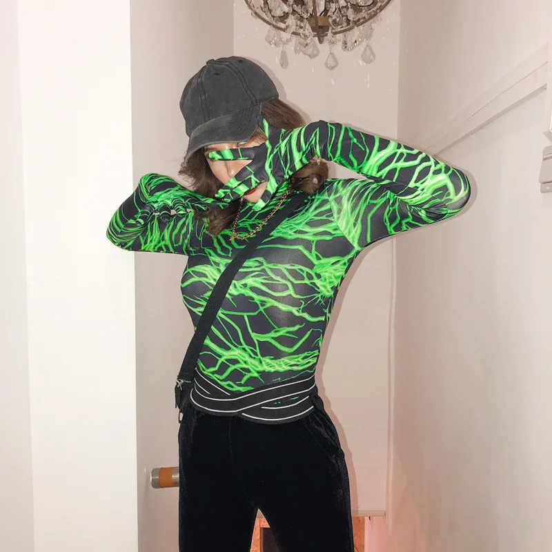 lightning print women bodysuit long sleeve gloves bodycon sexy turtleneck streetwear 2020 autumn witner cothes clubwear