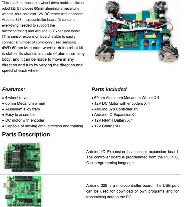 4WD 60mm Mecanum Wheel Arduino Small Robot Kit 10021