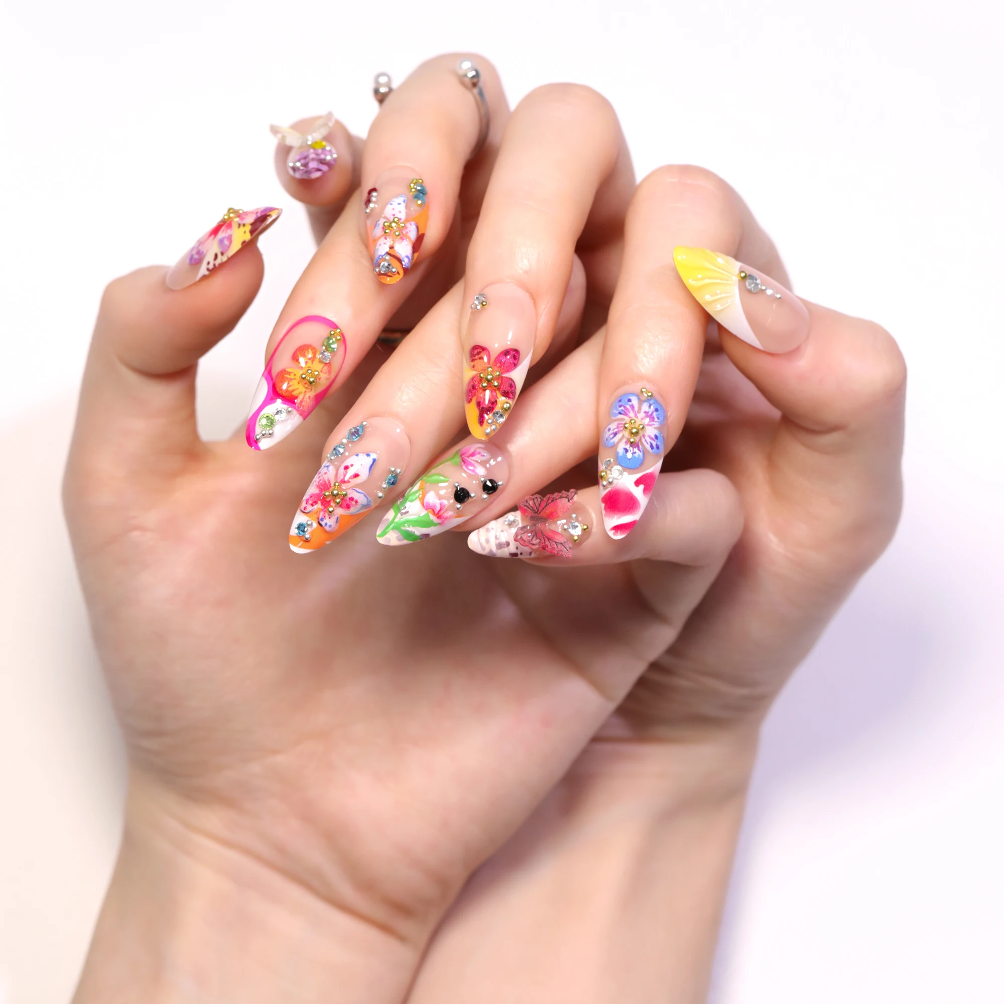 24 Pcs Tropical Flower 3D Nail Art with butterfly French Tip Art Acrylic Press on Nails Artificial Fingernails False Nails 3468
