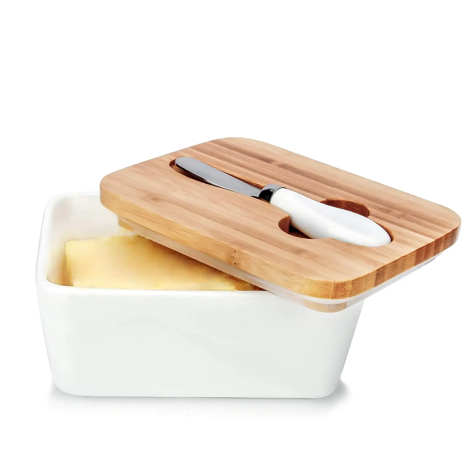 

Ceramic Butter Dish, Butter container with Wooden Lid and Knife, White Blue Rectangle Airtight Butter Keeper, White blue color