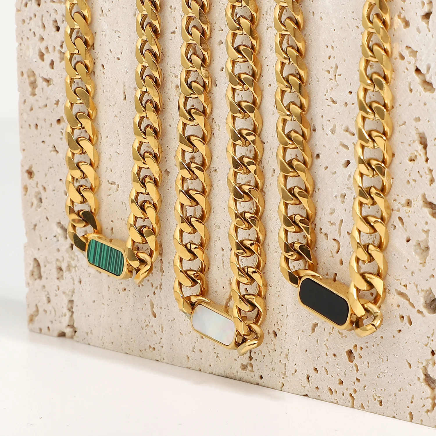 

Hip Hop Style Cuban Chain Necklace 18K Gold PVD Plated Stainless Steel Square Malachite Natural Shell Cuban Chain Necklace
