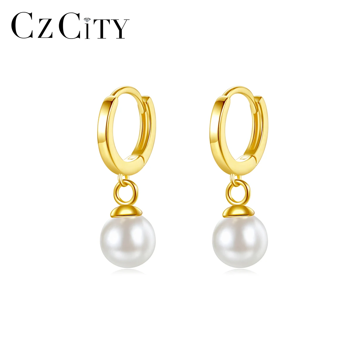 

CZCITY Imitation Pearl Huggie Earring Gold Plated Woman Sterling Silver Earing Minimalist Huggies