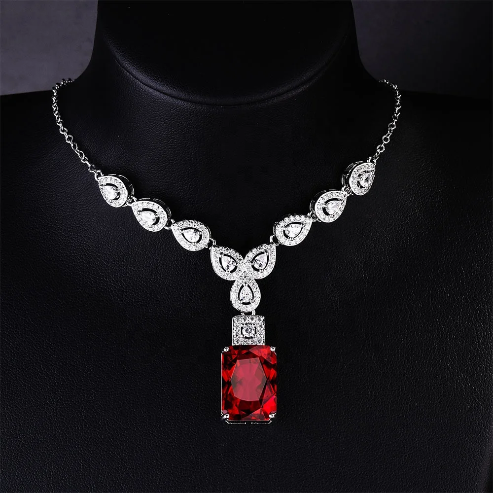 

High Quality Jewelry Luxury Square Pendant Necklace Geometric Water Drop Zircon Silvery Chain Women's Wedding Anniversary Gifts, Picture shows