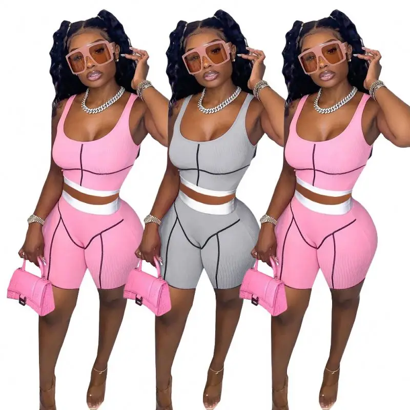 

Summer Streetwear Pink 2 Two Piece Sets Women Outfit Sleeveless Backless Crop Top Biker Shorts Sets Fitness Tracksuit 2021, Black