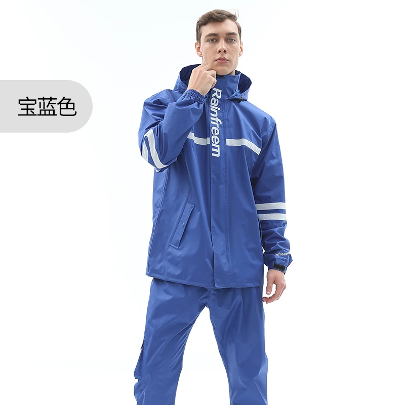 

Rainfreem Polyester Waterproof Men's Rain Jacket and Pants Rain Suit Motorcycle Heavy Rain Raincoat, Customized