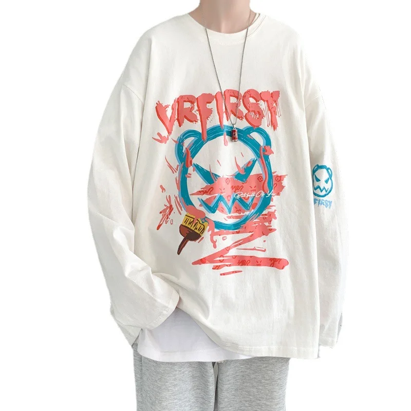 

Little Devil Cartoon Graffiti Long sleeve T-shirt Men's Spring and Autumn loose fashion brand Hong Kong style T-shirt