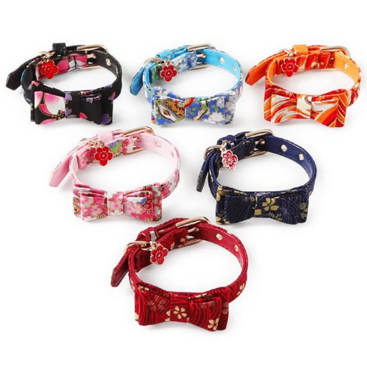 

China manufacturer multicolor cute cat bowknot tie flower printed cat collar pu pet collar, Red, black,pink,blue,orange,green