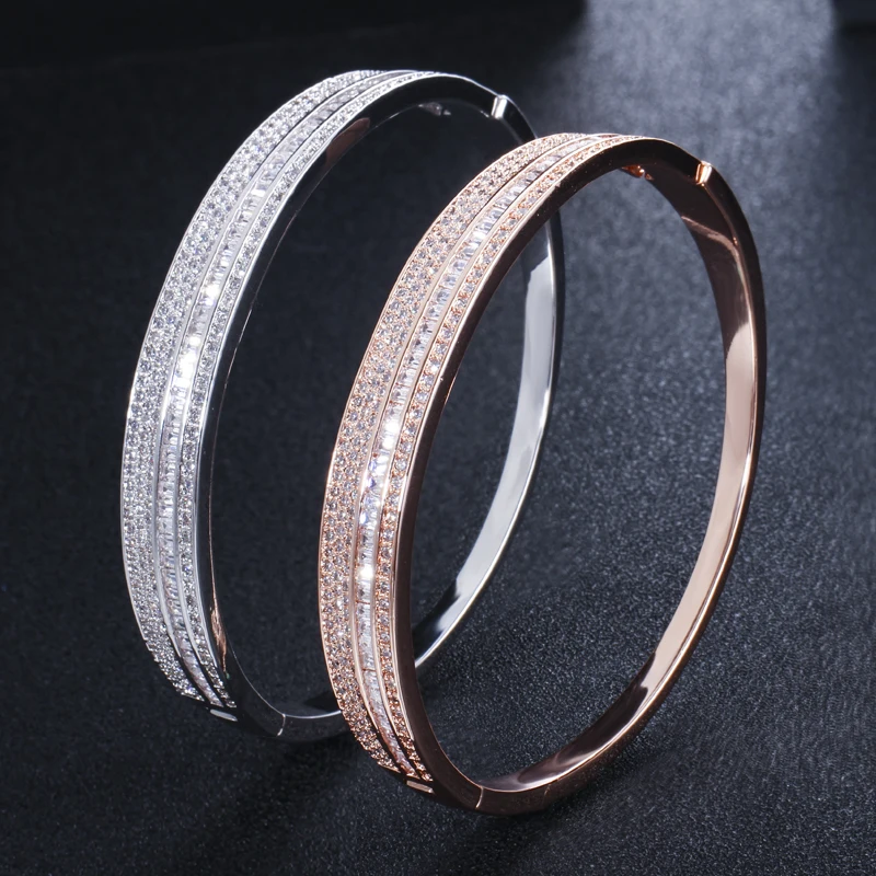 Fashion Famous Brand Sparkling White Cubic Zircon Silver Rose Gold Color Open Cuff Bracelet Bangles for Women CZ Jewelry Gift