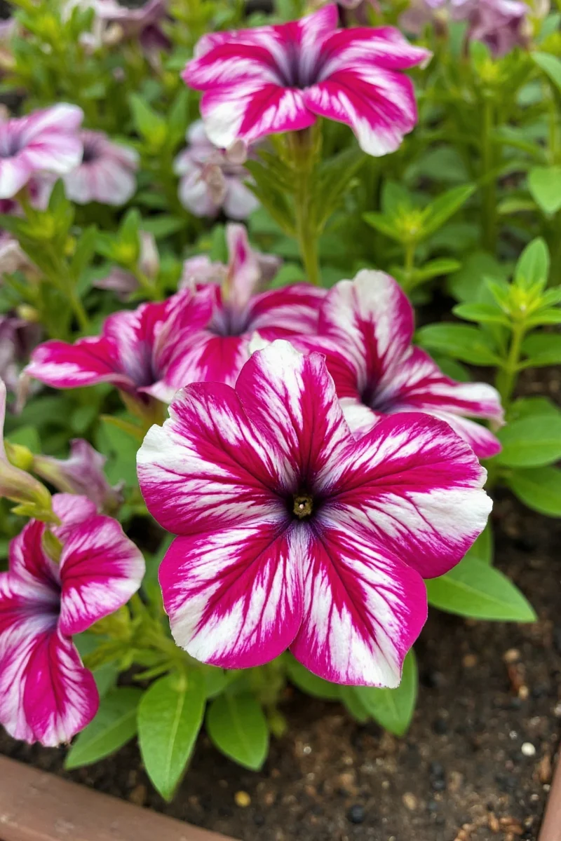 Various types of striped petunias showing red and white, purple and yellow, and pink and lavender striped flowers.