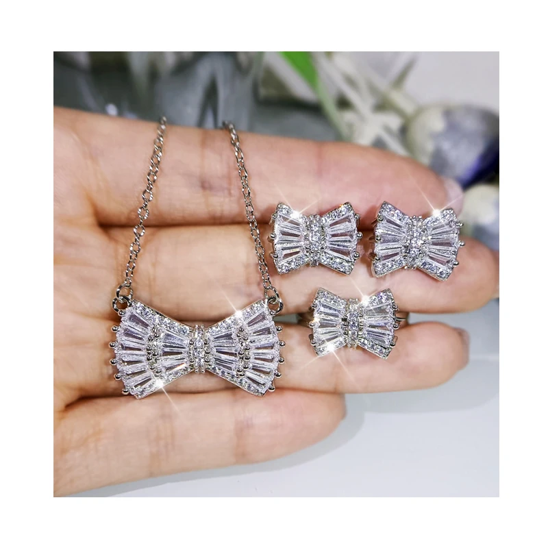 

Korean version of bow knot necklaces earrings zirconium inlaid suit accessories jewelry sets gold plated jewelry filled