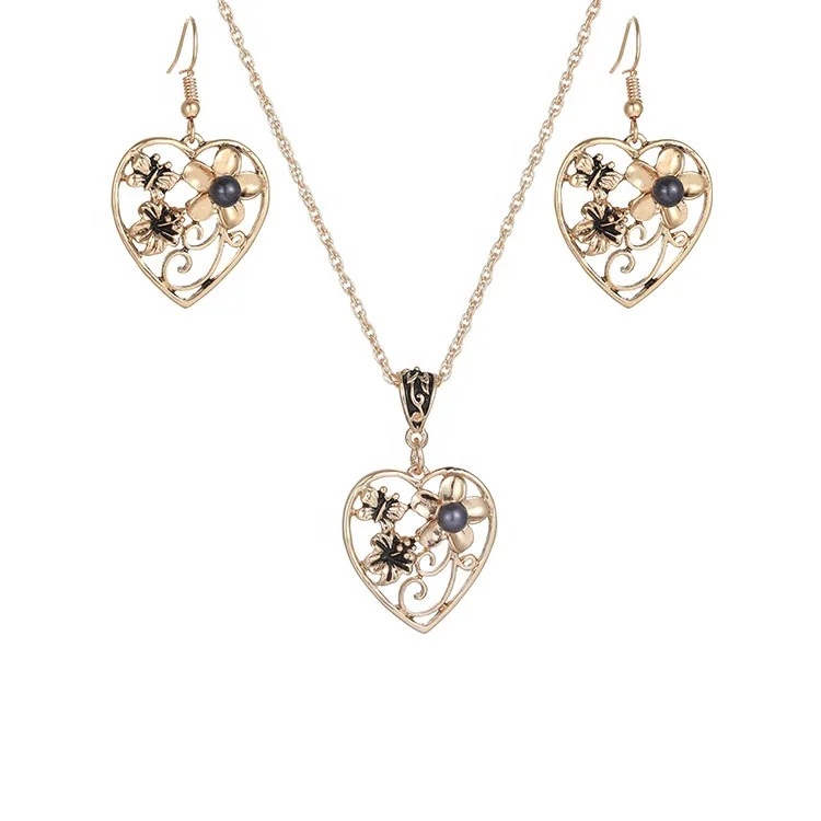

Fashion Gold Plated Pearl Zinc Alloy Earrings Jewelry Heart-shaped Hawaii Earring Necklace, Golden