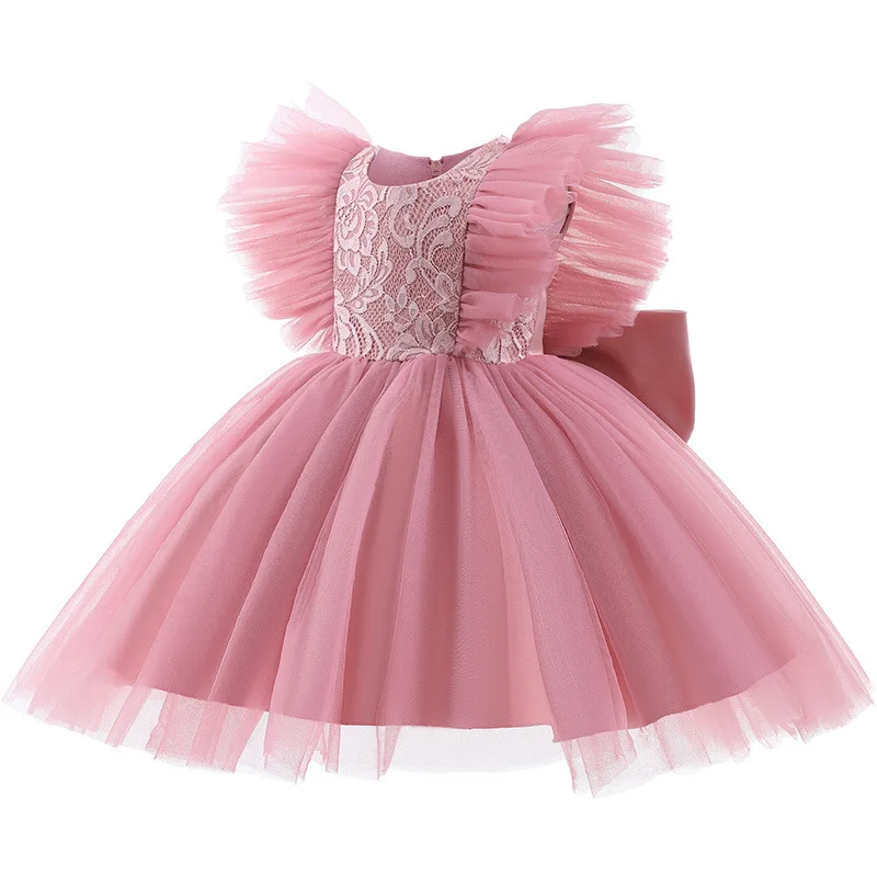 

Baby Girl Lace Bowknot Dress Toddler Kids Flutter Sleeve Tutu Gown Flower Girls Wedding Birthday Party Dresses