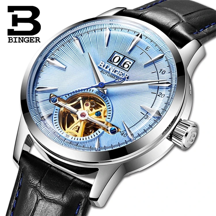 

Genuine BINGER 10009 Brand Luxury Men's Automatic Leather Strap Mechanical Business Watch Waterproof Hollow Calendar Watch, 8 colours
