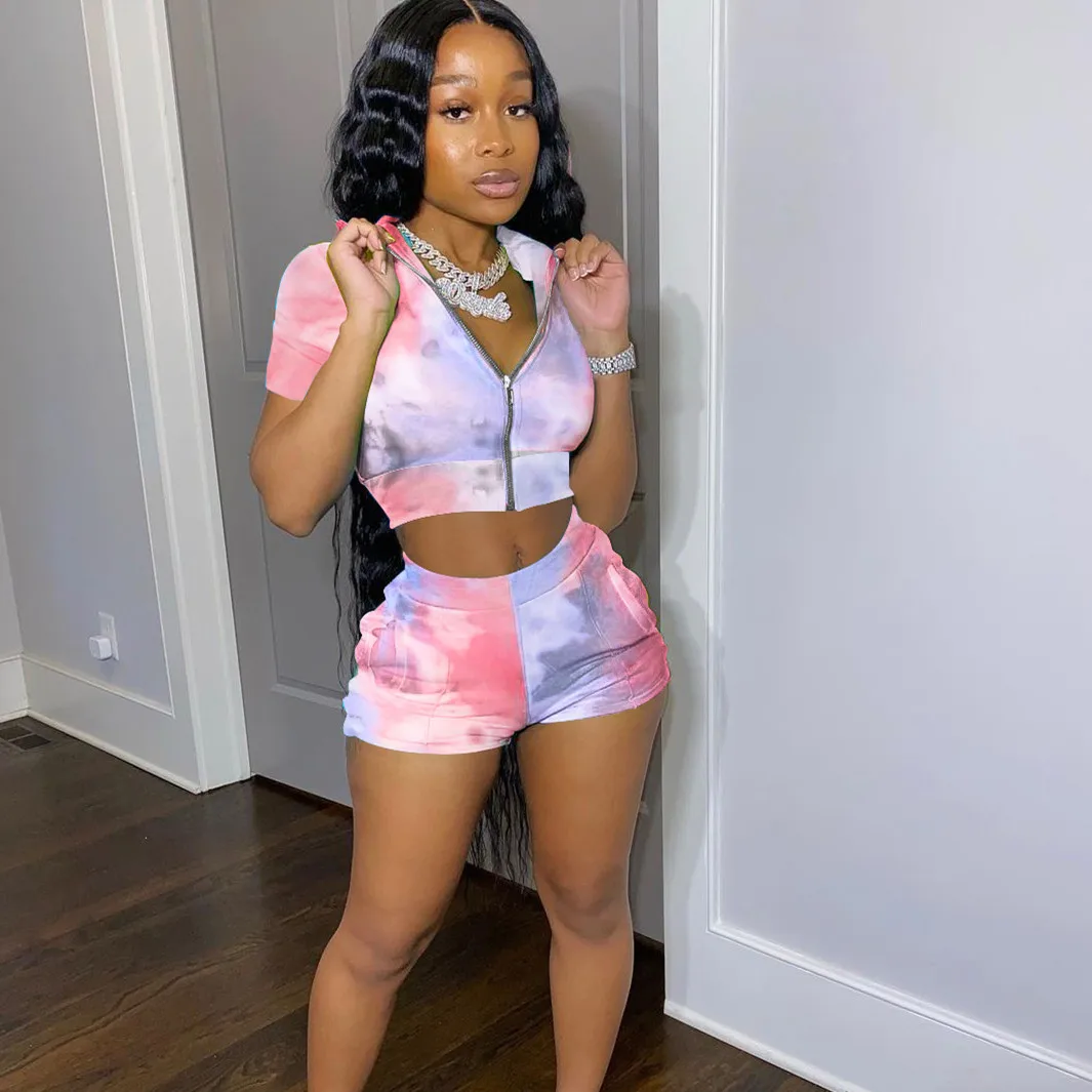 

Summer Casual High Elastic Zipper Tie-Dye 2 Two Pieces Crop Top and Short Sets for Women Clothing Loungewear